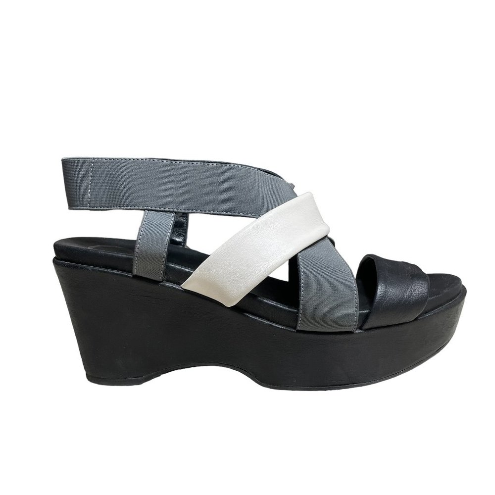 Ursula Mascaro Platform Sandals 8 Leather Textile Wedge Open Toe Shoes Gray